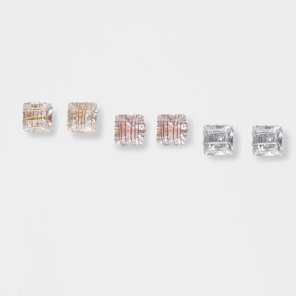 3 Pairs of Earrings-Square Wire Wrapped Silver Gold Copper